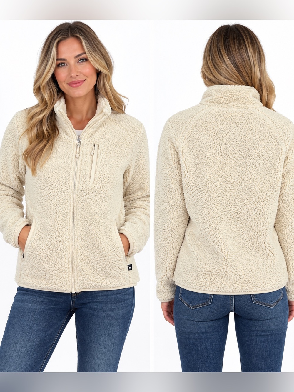 Eddie Bauer Women’s M Sherpa Fleece Jacket Cream Ivory Full Zip Cozy Teddy